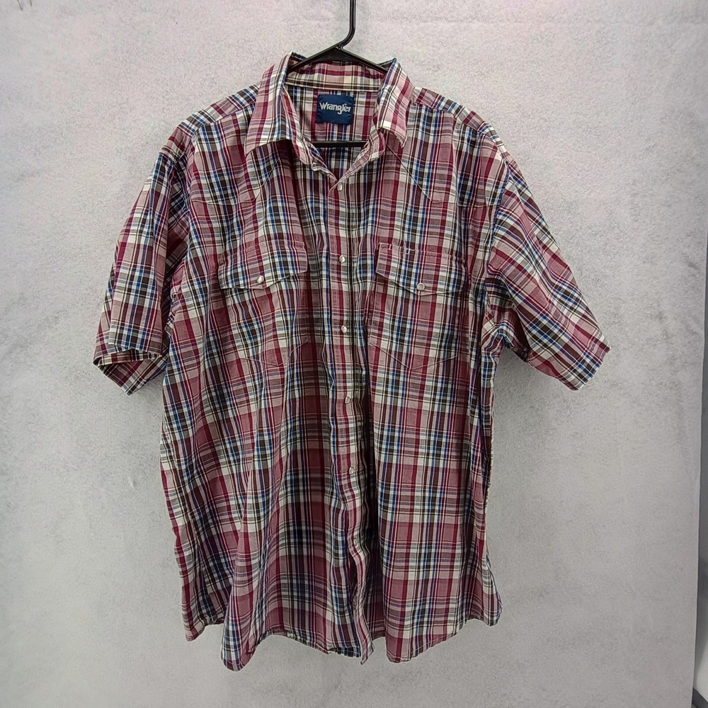 Wrangler Mens Sz XL Western Shirt Short Sleeve Pearl Snap Plaid Burgundy Cotton